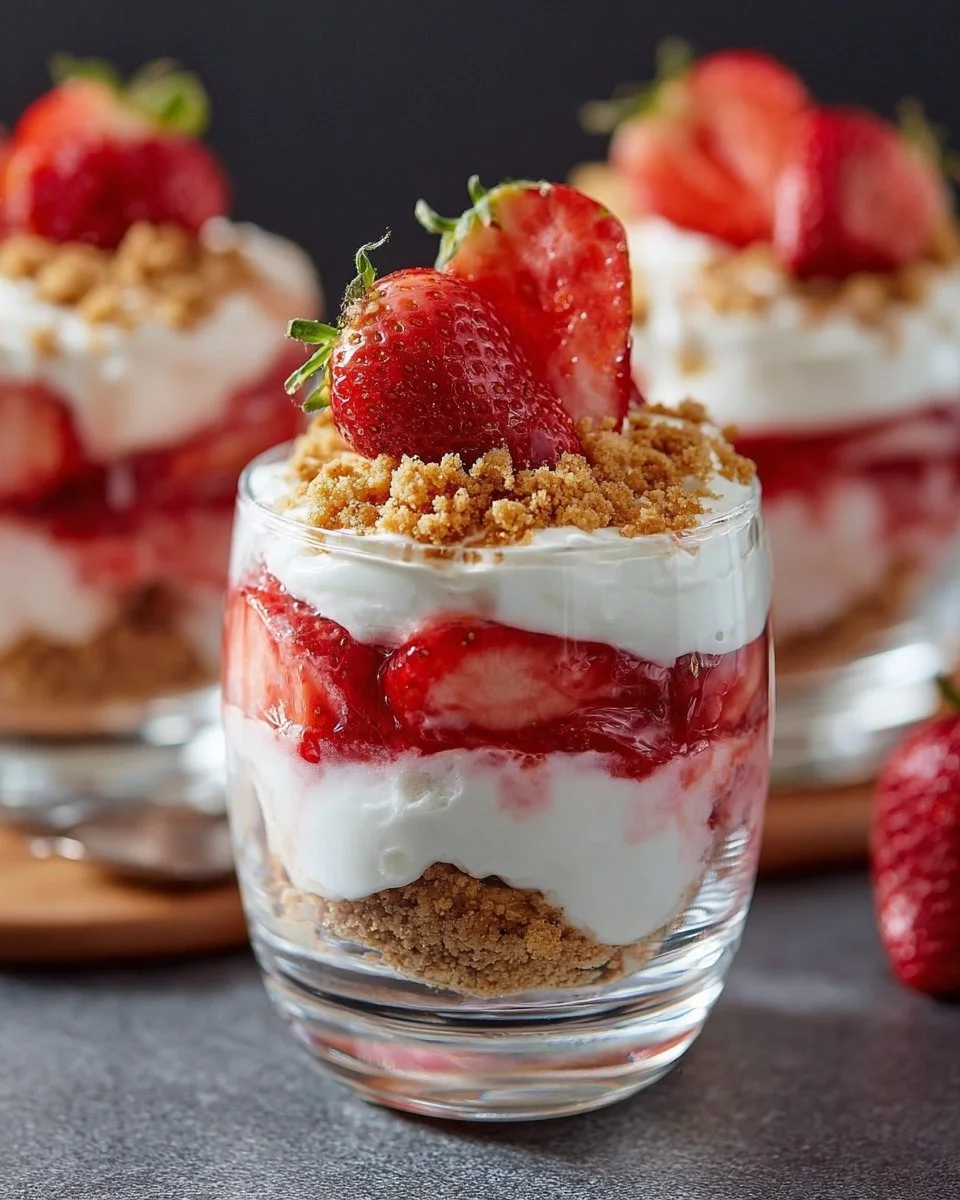 No-Bake Strawberry Cheesecake Parfaits dessert with strawberries and cream