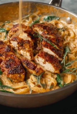 One Pan Blackened Chicken Alfredo served in a skillet garnished with parsley