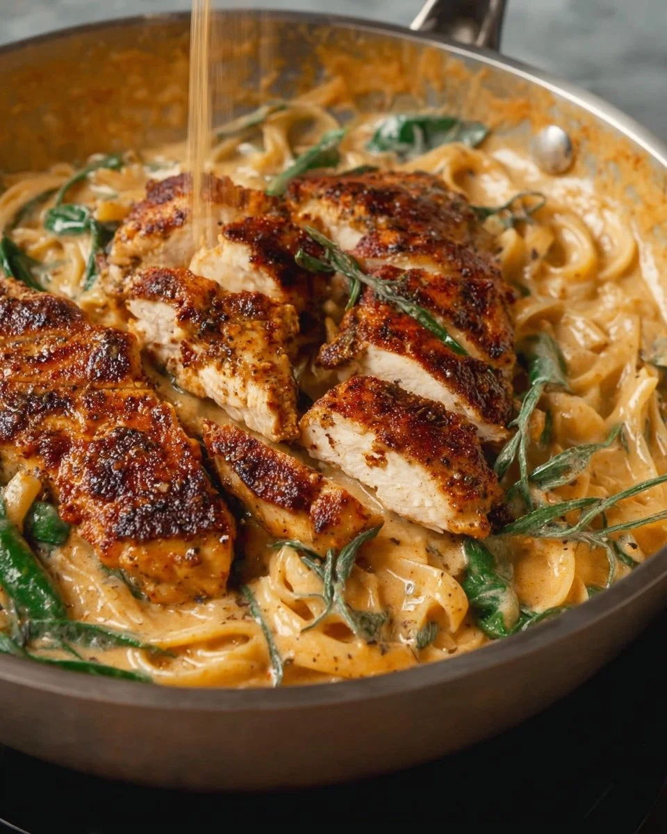 One Pan Blackened Chicken Alfredo served in a skillet garnished with parsley