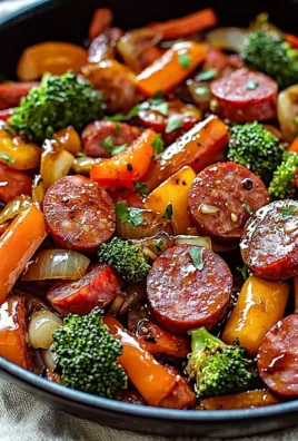 One-Pan Honey Garlic Kielbasa served with colorful veggies.