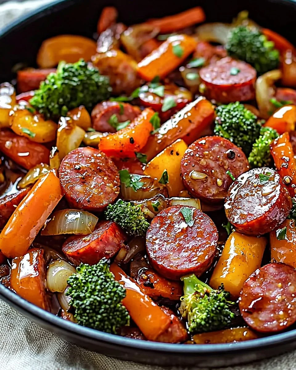 One-Pan Honey Garlic Kielbasa served with colorful veggies.