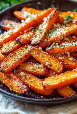 Parmesan garlic roasted carrots on a plate, garnished and ready to serve.