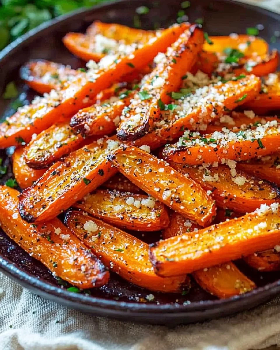 Parmesan garlic roasted carrots on a plate, garnished and ready to serve.