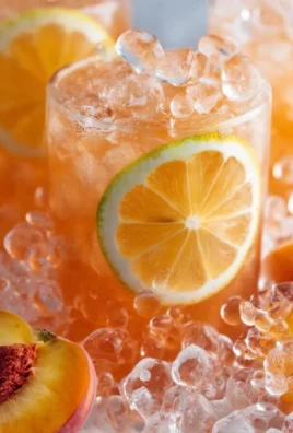 A glass of refreshing peach lemonade garnished with fresh peaches and mint leaves.