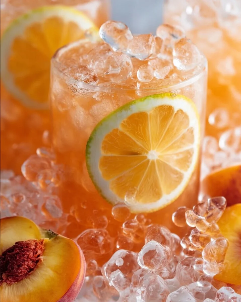 A glass of refreshing peach lemonade garnished with fresh peaches and mint leaves.