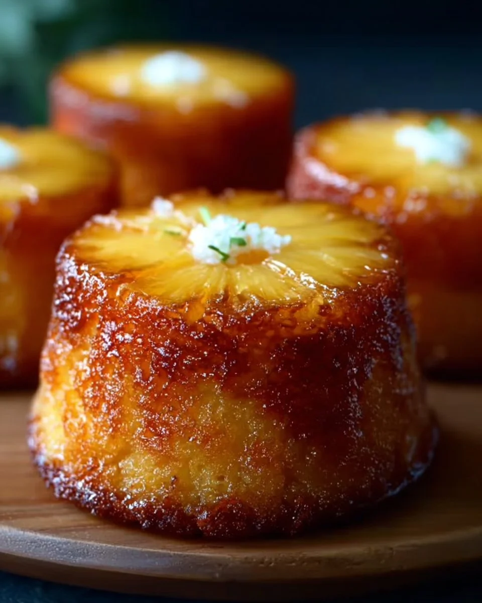 Pineapple mascarpone upside-down mini cakes displayed on a white plate.