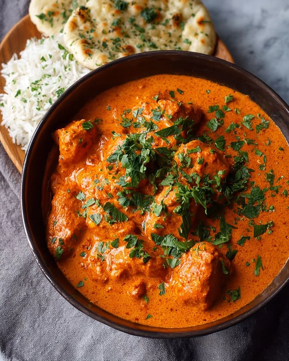 Homemade butter chicken served with rice and naan on a wooden table