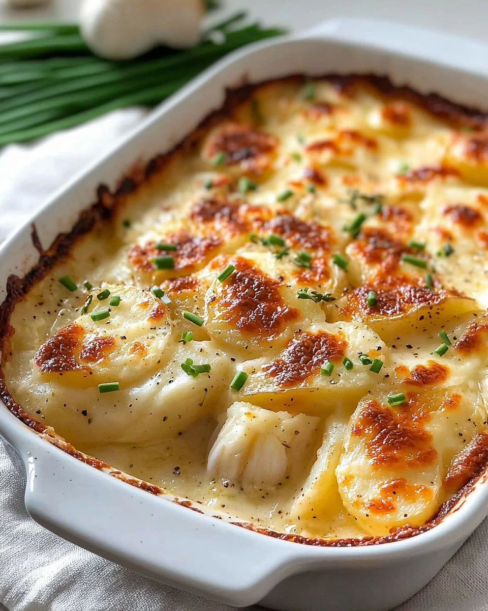 Creamy roasted garlic potatoes gratin baked to perfection with golden cheese