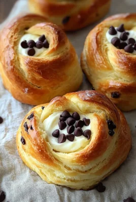 Rolled Brioche with vanilla pastry cream and chocolate chips on a rustic table