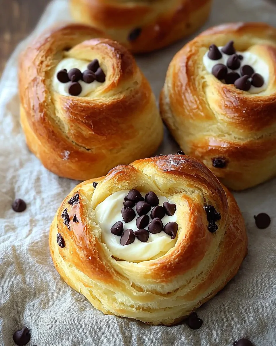 Rolled Brioche with vanilla pastry cream and chocolate chips on a rustic table