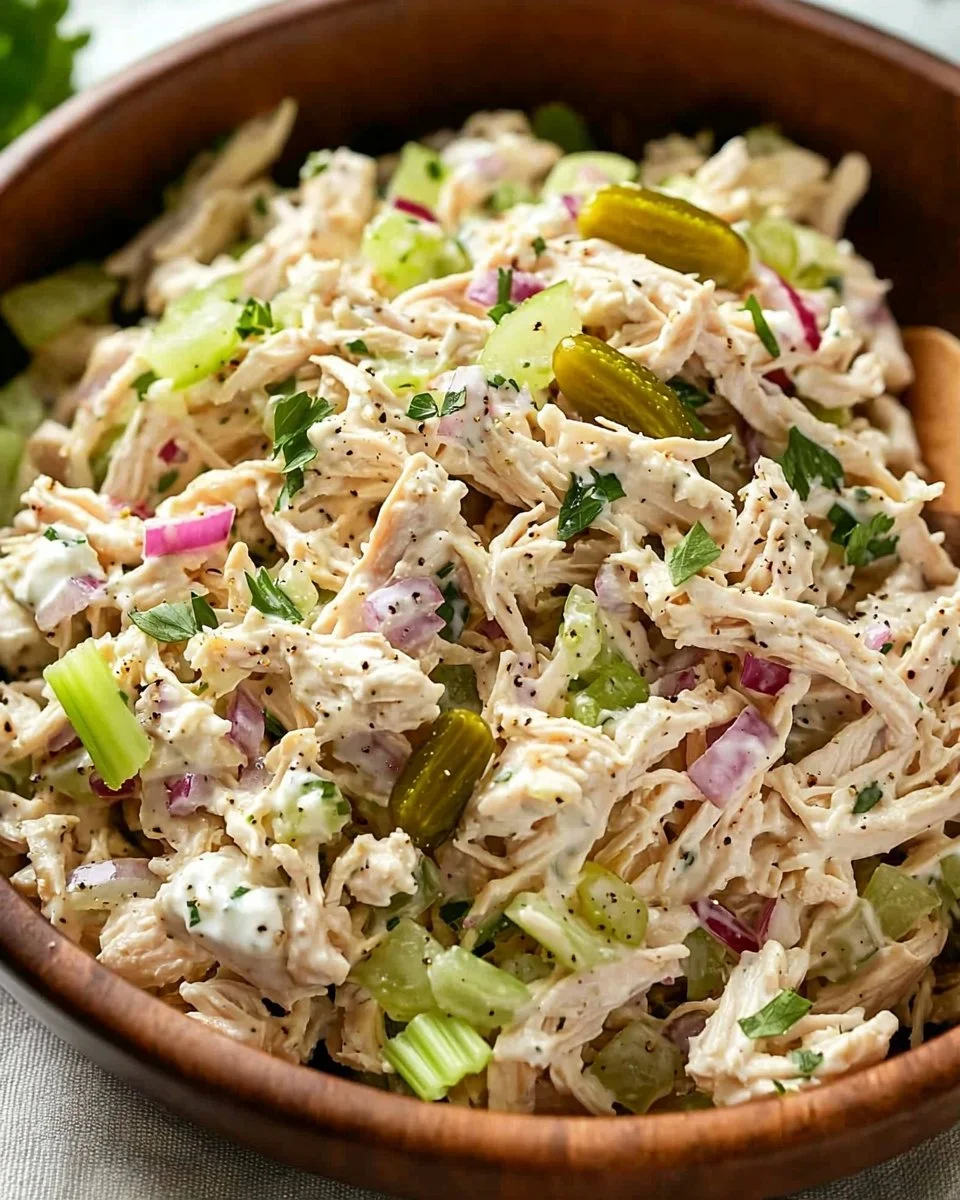 Delicious rotisserie chicken salad served in a bowl with fresh veggies.