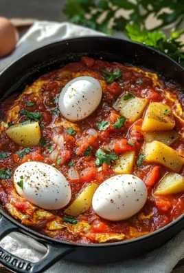A vibrant plate of Shakshuka with poached eggs and spices in tomato sauce.