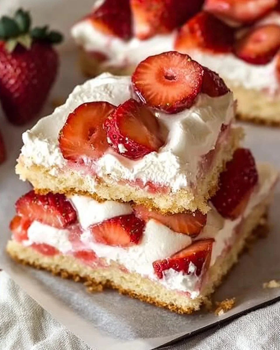 Delicious sheet pan strawberry shortcake with fresh strawberries and whipped cream.