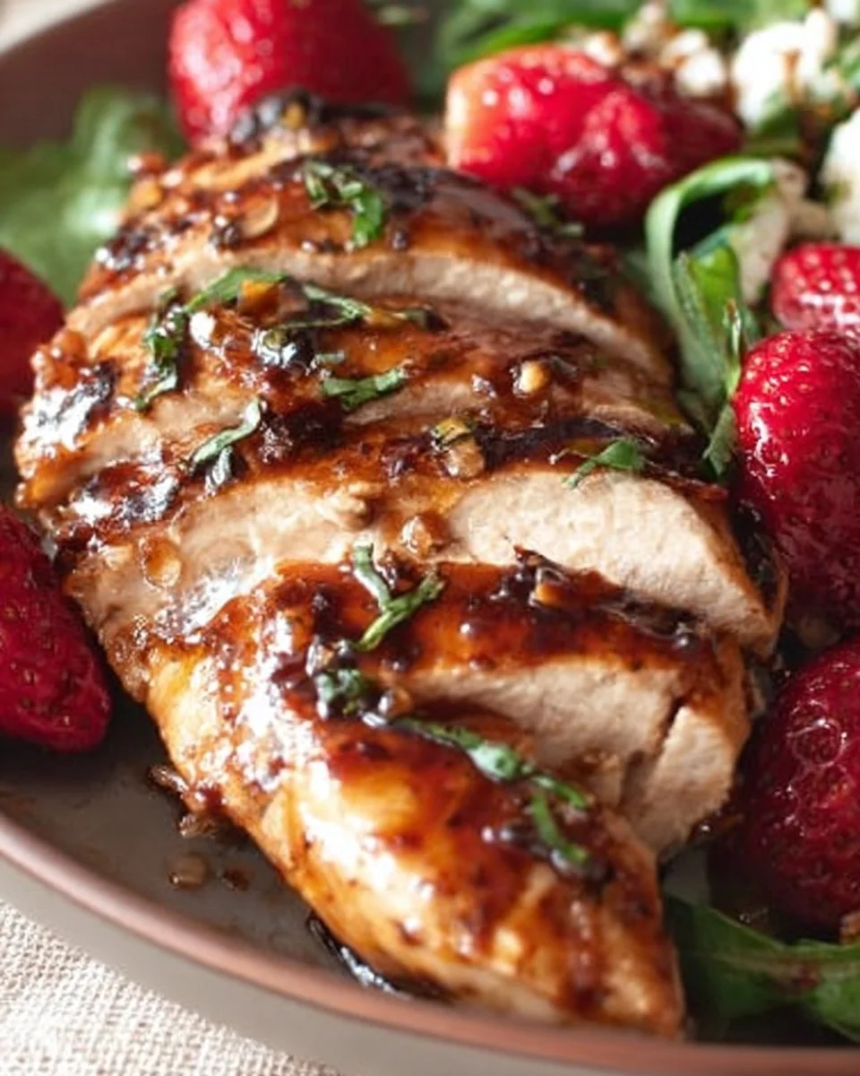 Delicious plate of Strawberry Chicken garnished with fresh strawberries and herbs.