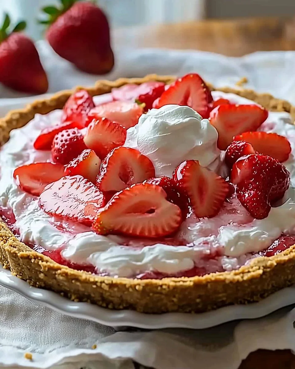 Deliciously creamy Strawberry Cream Cheese Pie with fresh strawberries on top