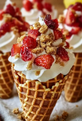 Strawberry Crunch Cheesecake Cones topped with strawberry and crunchy layer