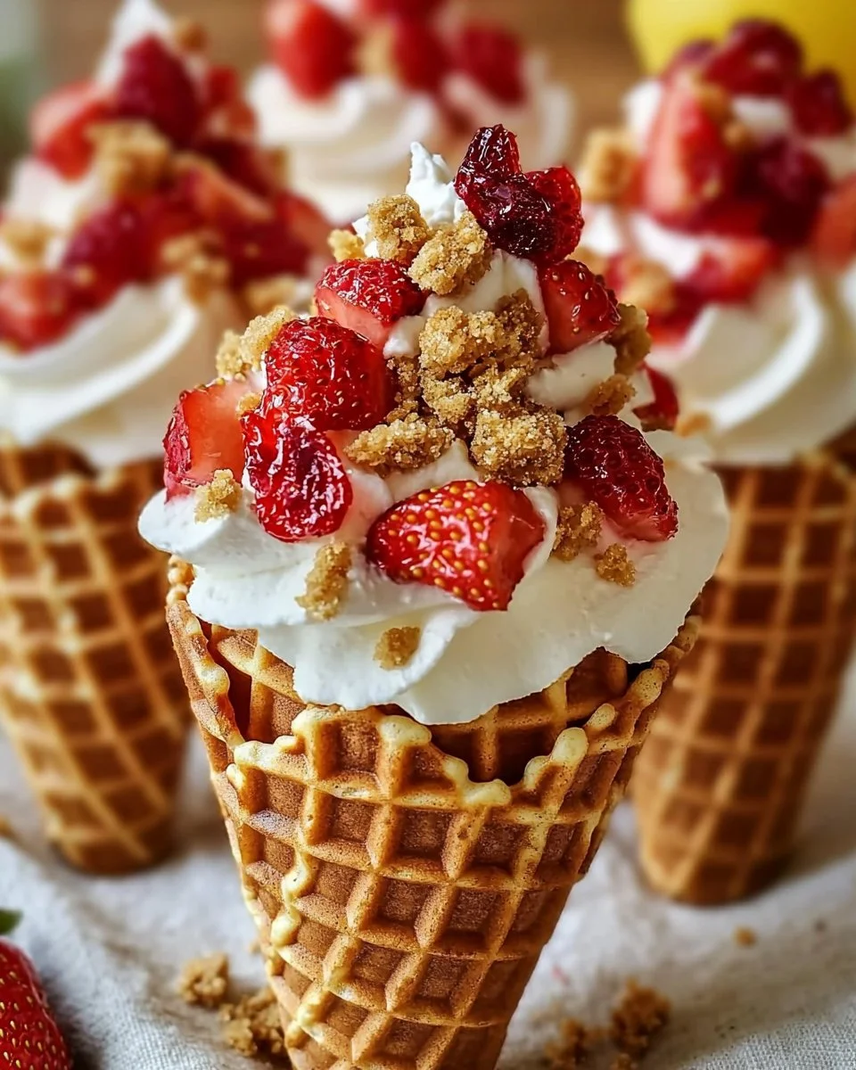 Strawberry Crunch Cheesecake Cones topped with strawberry and crunchy layer
