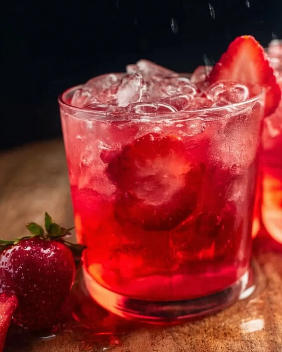 Glass of strawberry iced tea with fresh strawberries and mint leaves.