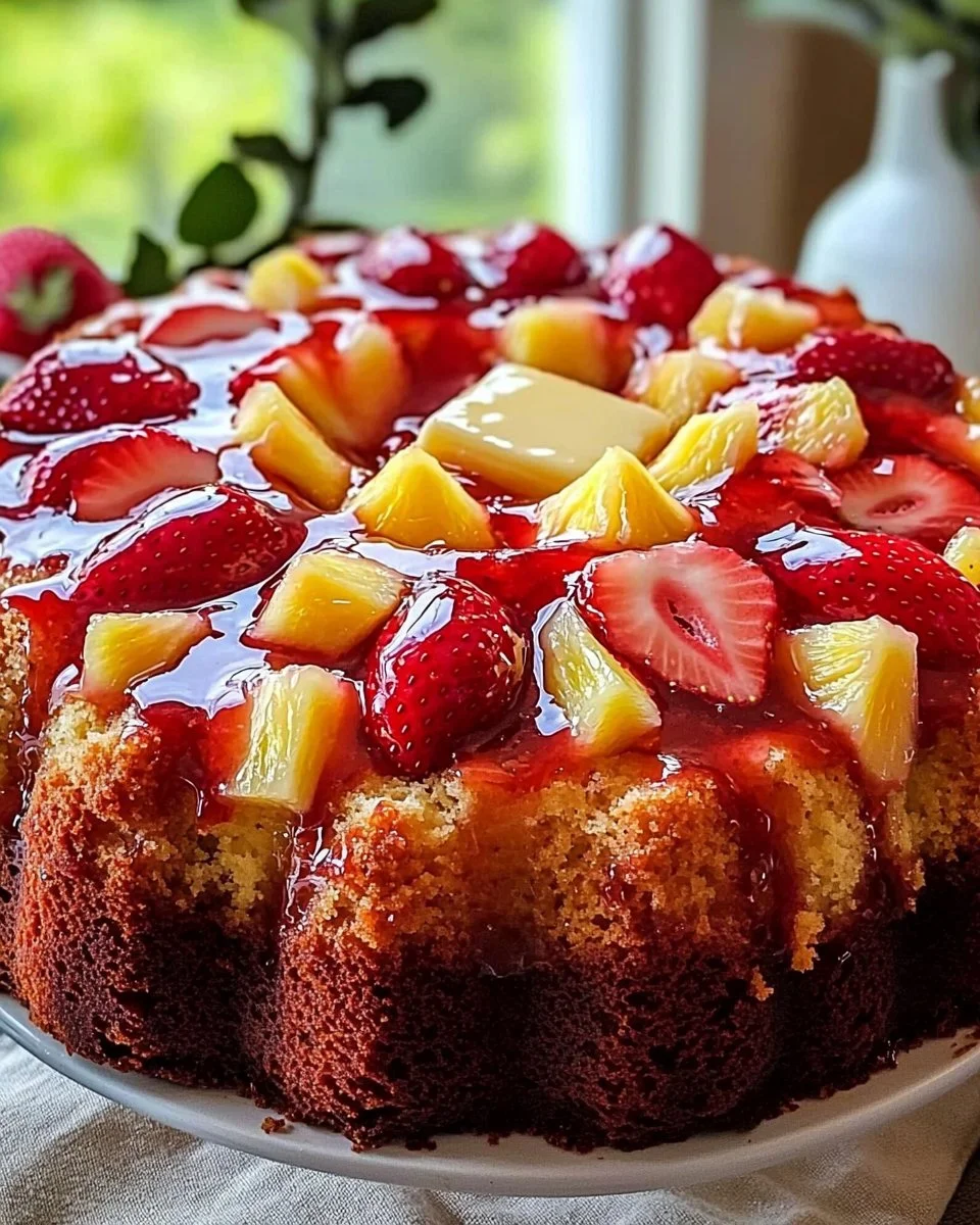 Slice of moist Strawberry Pineapple Pound Cake garnished with fresh strawberries and pineapples