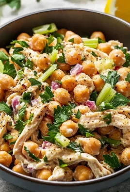Delicious bowl of chickpea chicken salad made with fresh ingredients