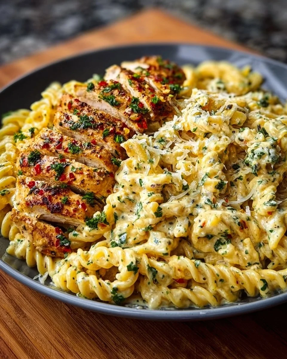 Delicious creamy garlic parmesan chicken pasta served in a bowl