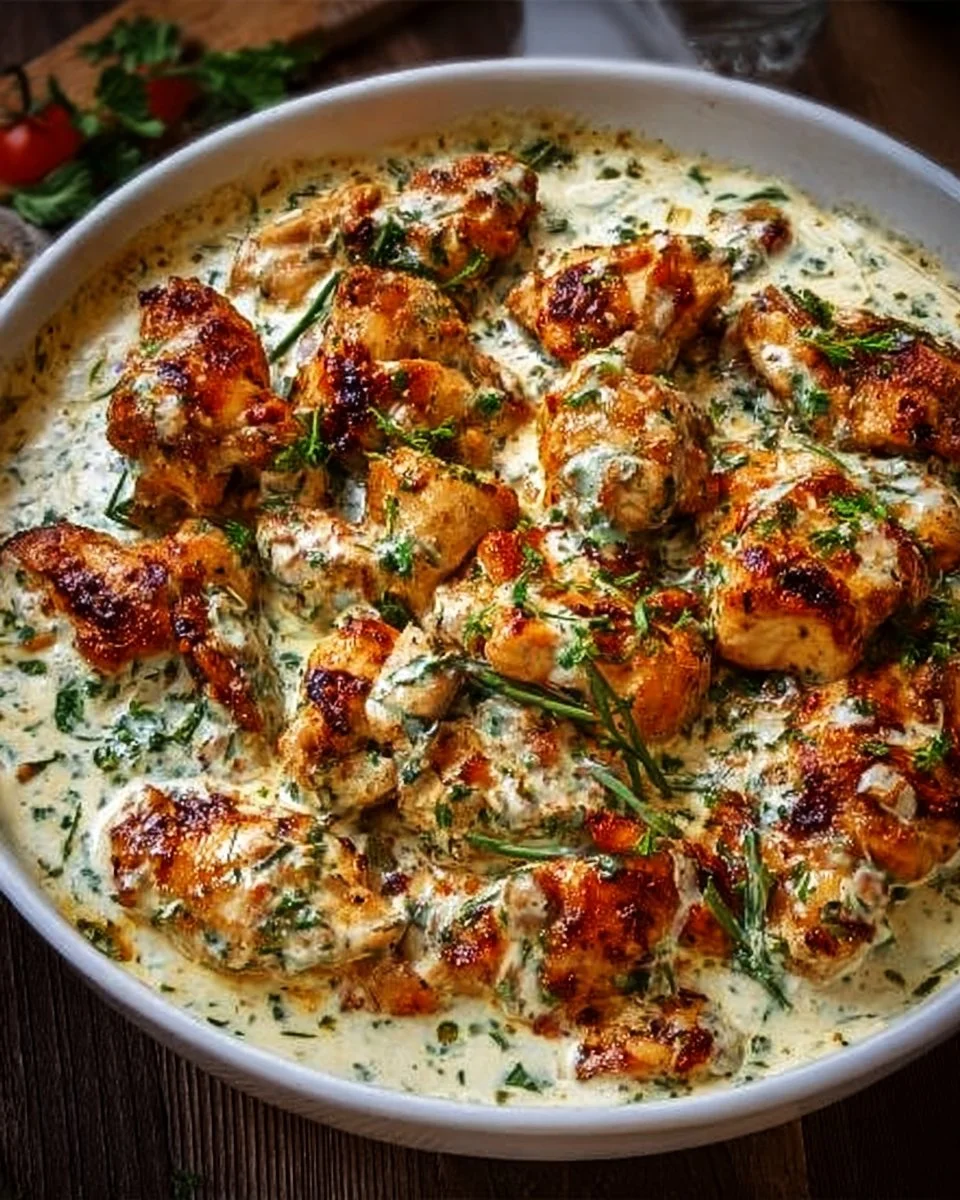 Delicious Turkish Chicken served with a creamy white sauce on a plate