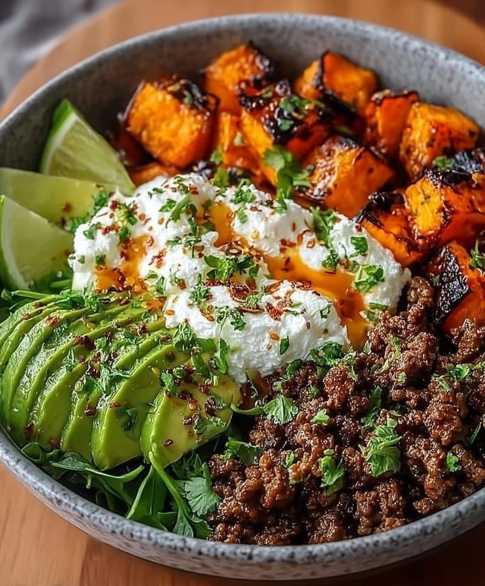 Ground Beef Hot Honey Bowl topped with green onions and served in a white bowl
