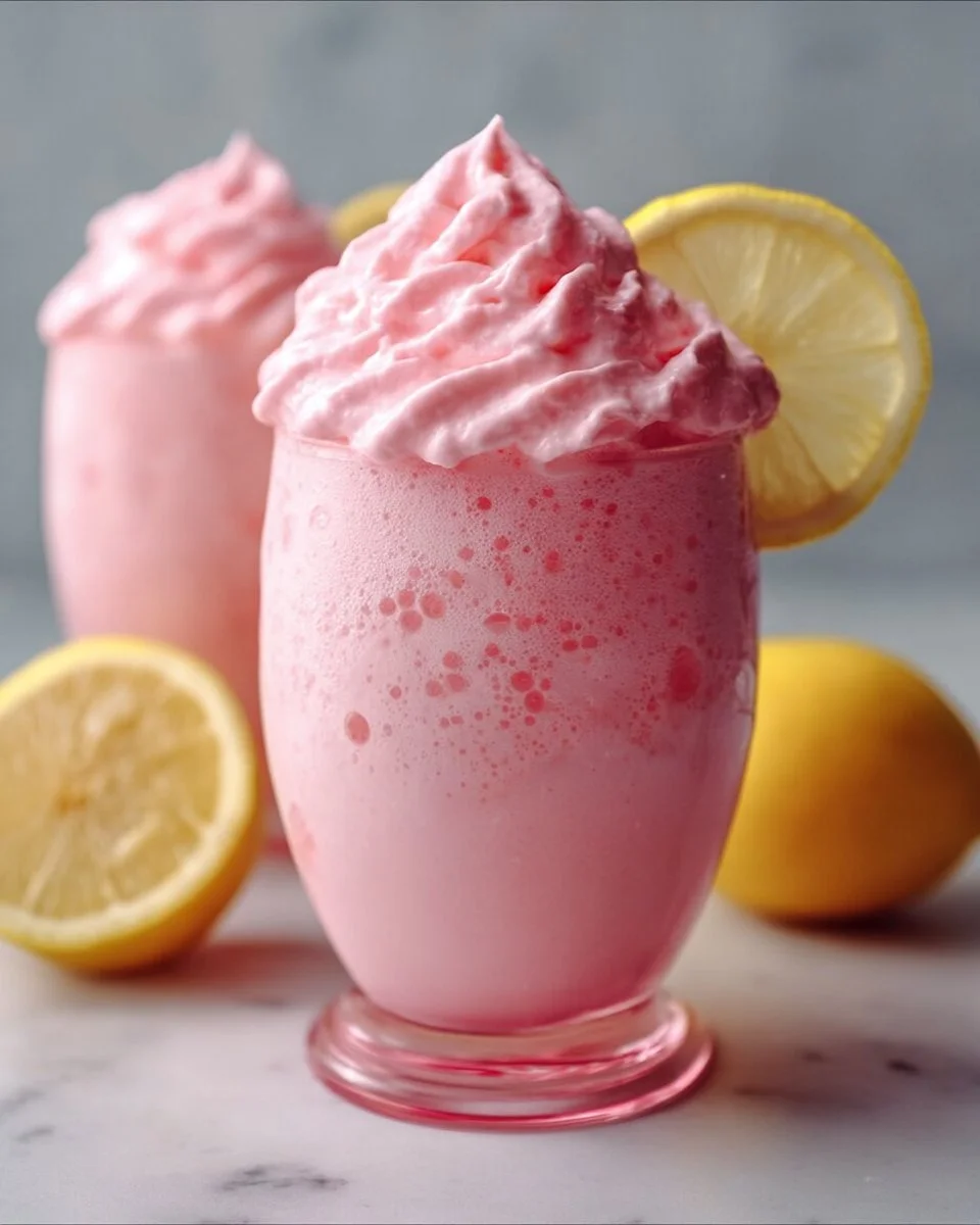 Refreshing whipped pink lemonade with a creamy texture served in a glass.