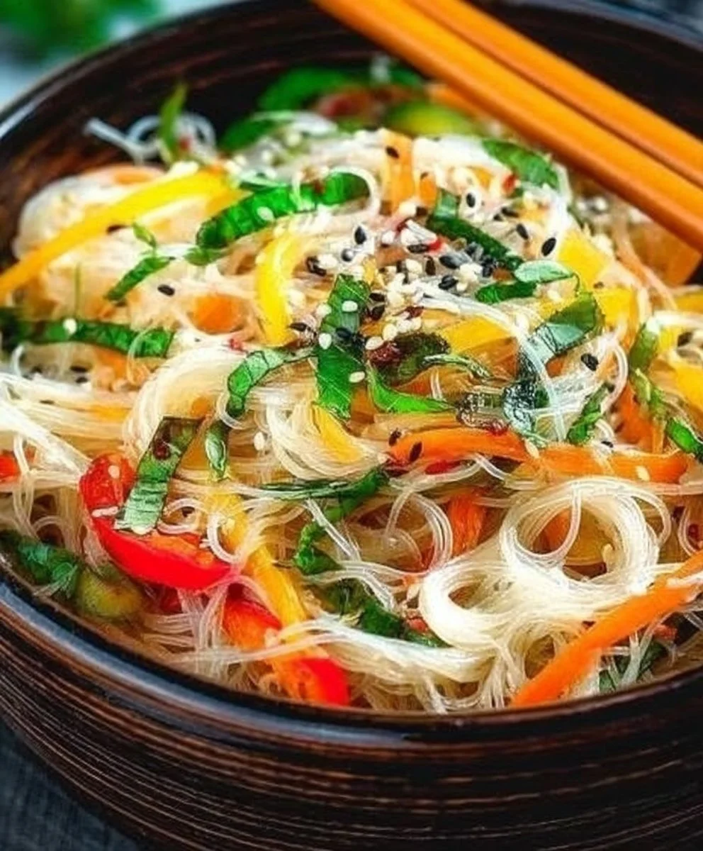Yum Woon Sen - Cold Thai Glass Noodle Salad garnished with fresh vegetables.