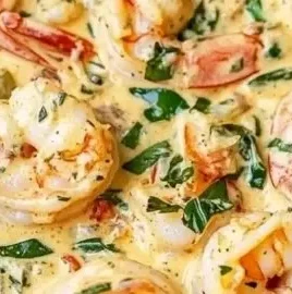 A plate of creamy Tuscan shrimp garnished with herbs and served with pasta.