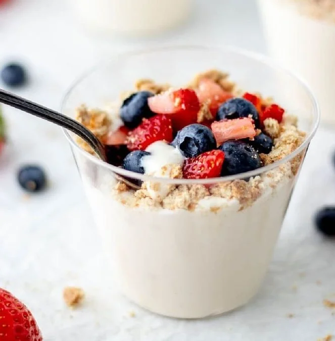 Delicious 3-ingredient no bake cheesecake cups in serving glasses