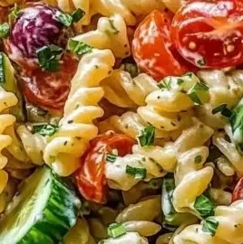 Bowl of addictive Crack Pasta Salad with fresh vegetables and dressing