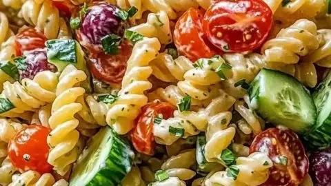 Bowl of addictive Crack Pasta Salad with fresh vegetables and dressing