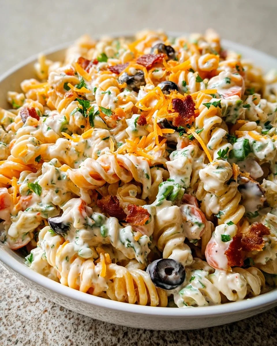 A vibrant bowl of Bacon Ranch Pasta Salad with crispy bacon and fresh veggies.
