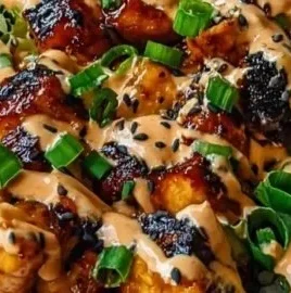 Delicious Bang Bang Chicken Bowl topped with fresh ingredients and sauce