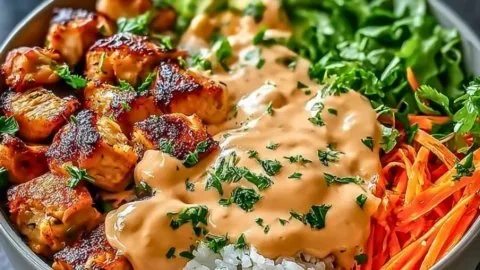 Bang Bang Chicken Bowl with crispy chicken and fresh vegetables