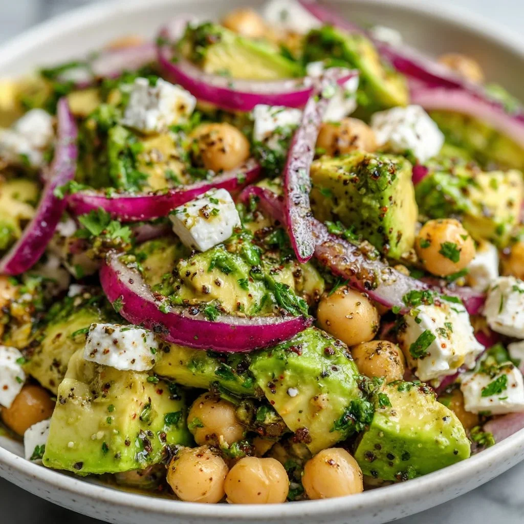 A colorful Chickpea Feta Avocado Salad in a bowl with fresh veggies and herbs