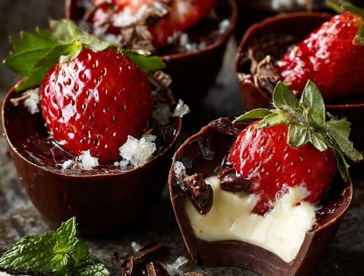 Delicious chocolate strawberry cups with fresh strawberries and rich chocolate.