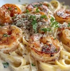 Creamy garlic shrimp pasta dish garnished with parsley and served in a bowl.