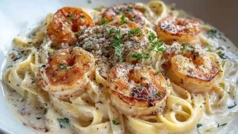 Creamy garlic shrimp pasta dish garnished with parsley and served in a bowl.