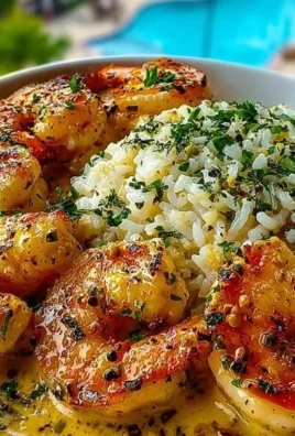 Creamy herb rice bowl with garlic butter shrimp garnished with fresh herbs