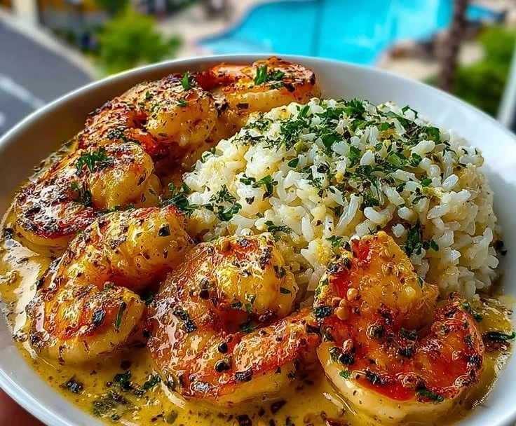Creamy Herb Rice with Garlic Butter Shrimp Bowl