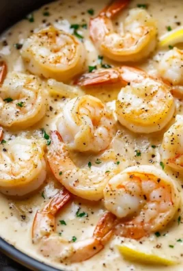 Creamy lemon garlic parmesan shrimp served on a plate with garnish