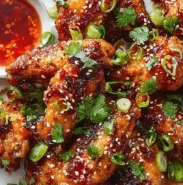 Crispy baked chicken wings coated in Thai sweet chili glaze on a serving platter.