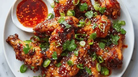 Crispy baked chicken wings coated in Thai sweet chili glaze on a serving platter.