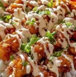 Crispy Bang Bang Chicken Bowl with vibrant vegetables and sauce on top