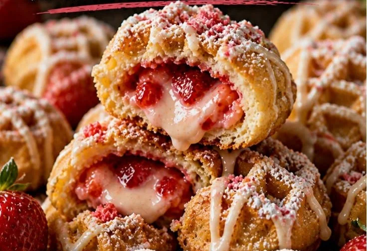 Crispy strawberry cream waffle bites served on a plate with fresh strawberries