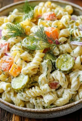 Bowl of delicious dill pickle pasta salad with fresh ingredients