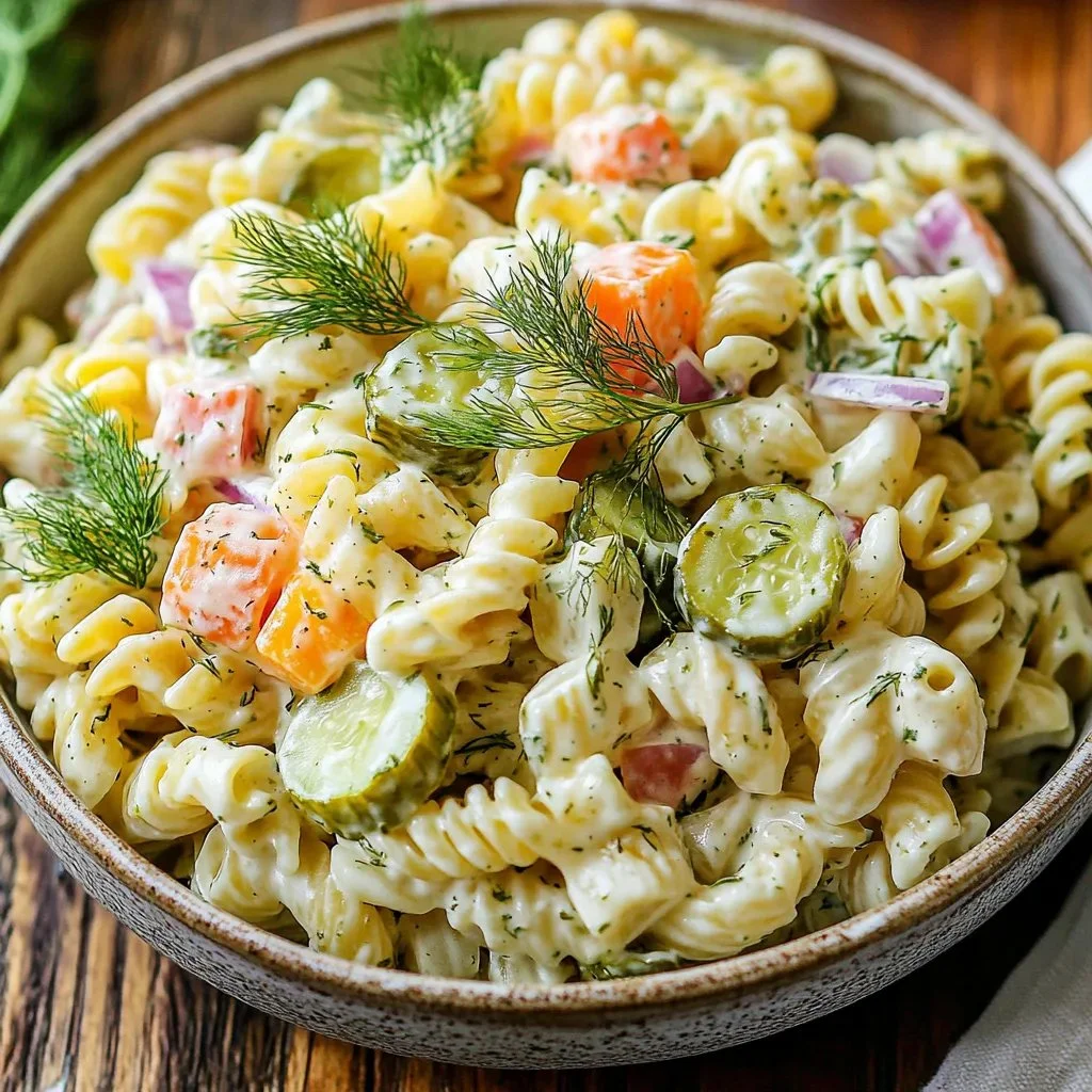 Bowl of delicious dill pickle pasta salad with fresh ingredients
