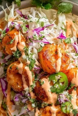 Delicious Bang Bang Shrimp Tacos topped with fresh slaw on a wooden table